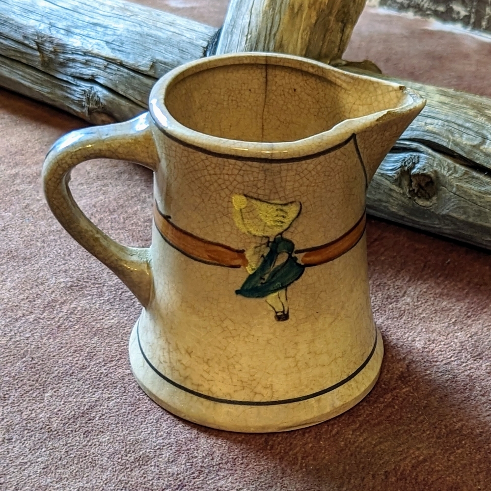 Vintage Rustic Ceramic Handpainted Sunbonnet Girl Pitcher